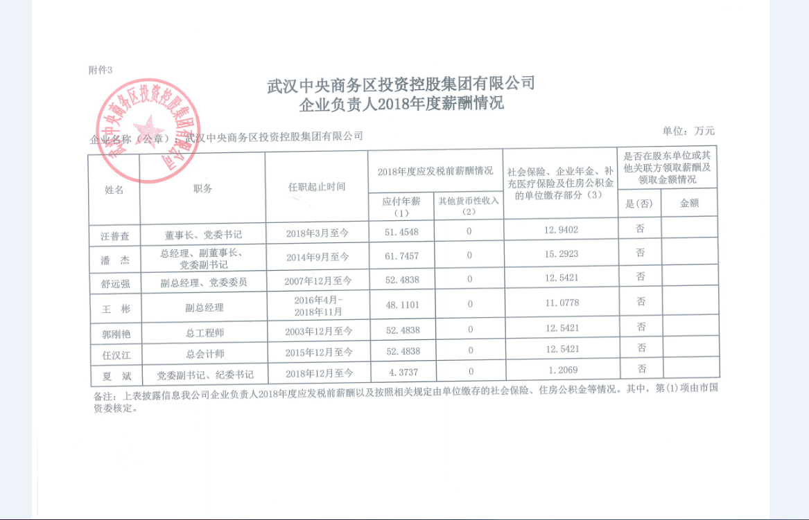 武漢中央商務區投資控股集團有限公司企業負責人2018年度薪酬情況